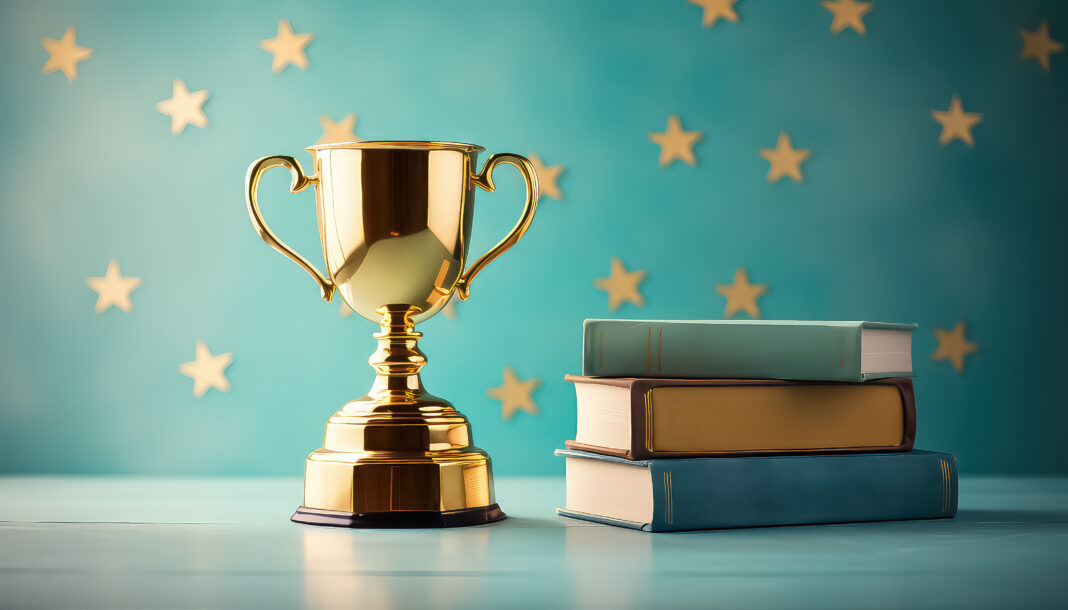 Back to school - banner with golden cup and copyspace background.