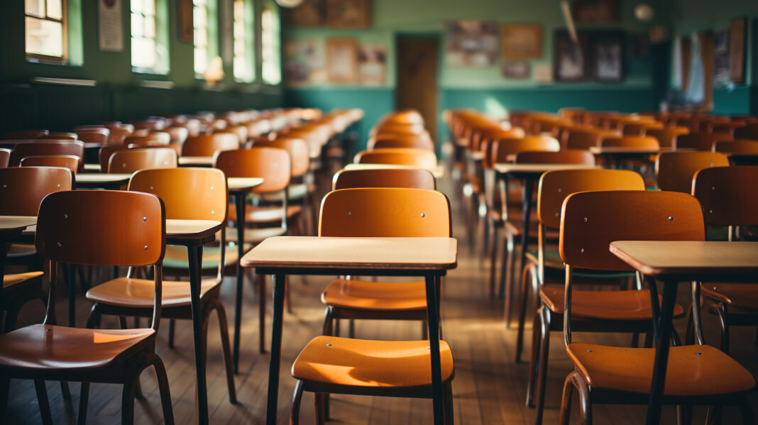 Empty Classroom. Back to school concept in high school. Classroom Interior Vintage Wooden Lecture Wooden Chairs and Desks. Studying lessons in secondary education. generative ai