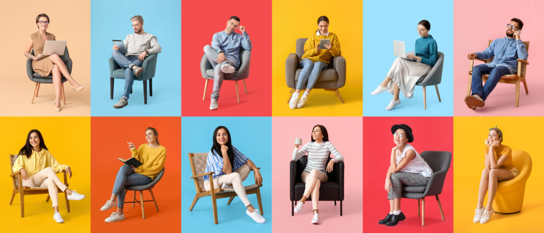 Collage of young people sitting in comfortable armchairs on colo