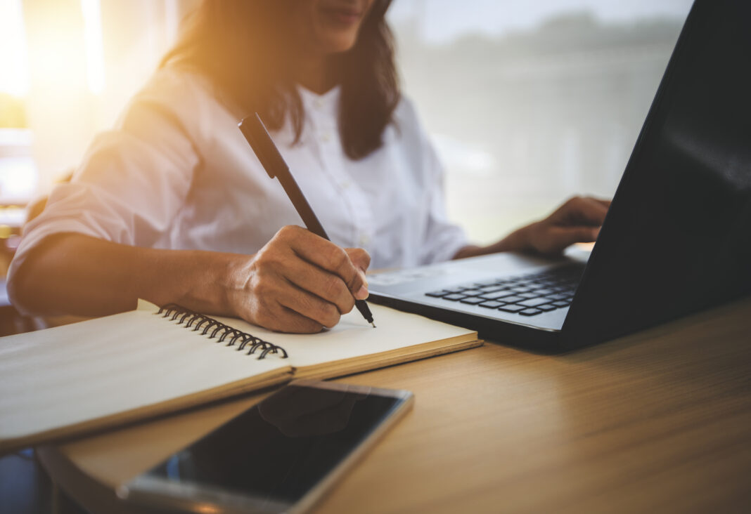 young woman  with learning language during online courses using