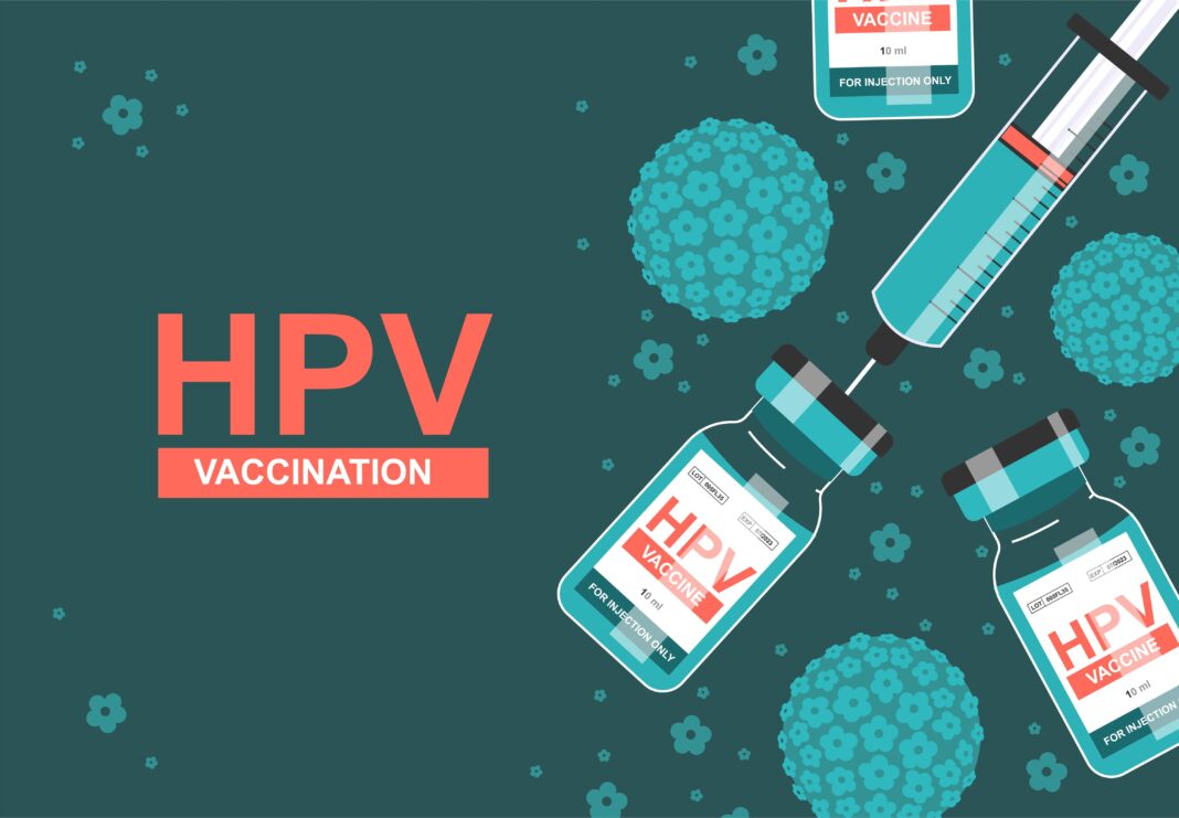 HPV -Human papillomavirus vaccine illustration with a syringe.