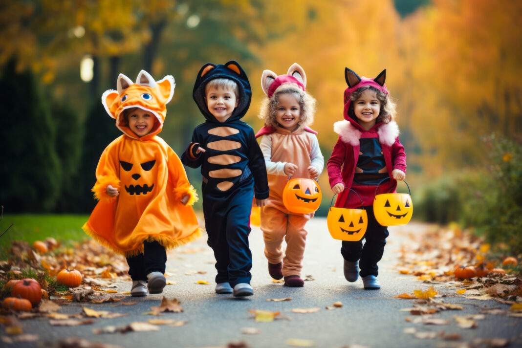 Kids trick or treat in Halloween costume. Happy Halloween. running kids with a basket for sweets