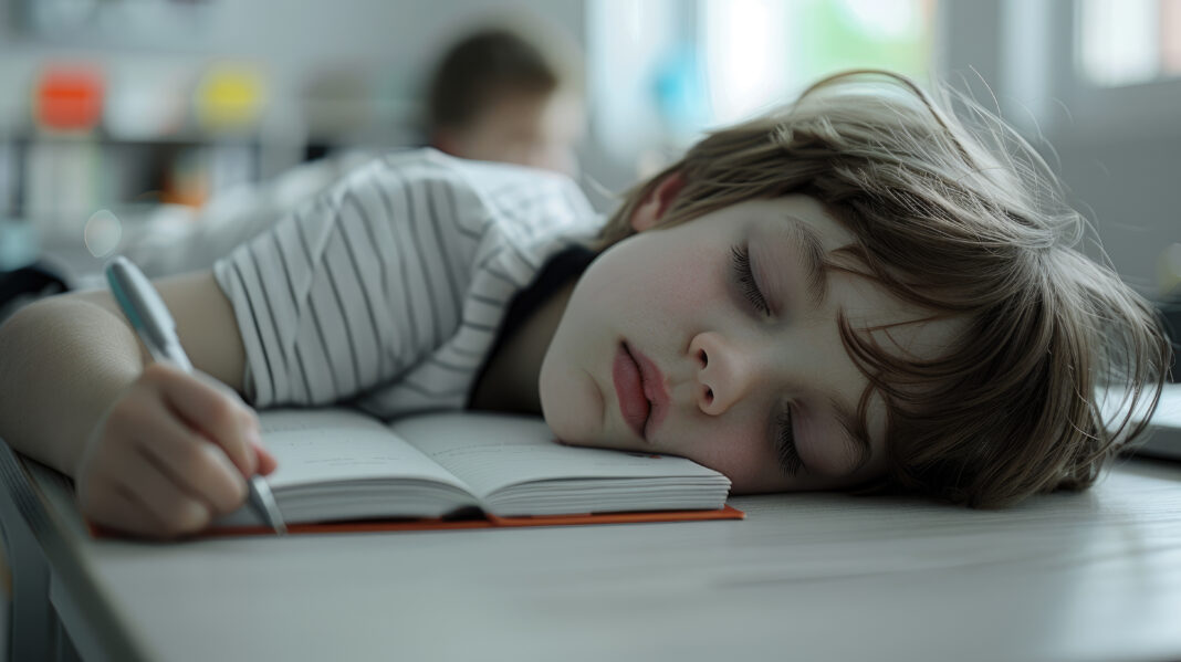 The child fell asleep on the desk doing his homework.