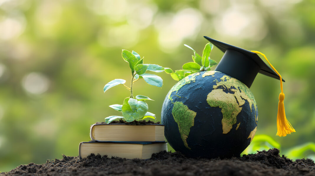 Eco education concept, sustainable learning for a greener planet, earth model with graduation cap, plant growth, environmental education, books, knowledge, and nature