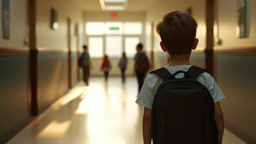 A lonely schoolboy hesitantly walks forward towards his 4 classmates standing at the front of the class