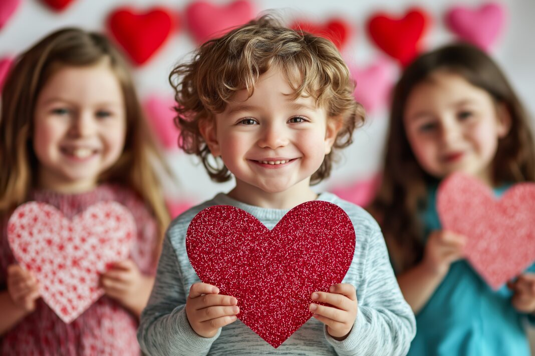 Young children happily exchanging Valentine’s cards at a celebration