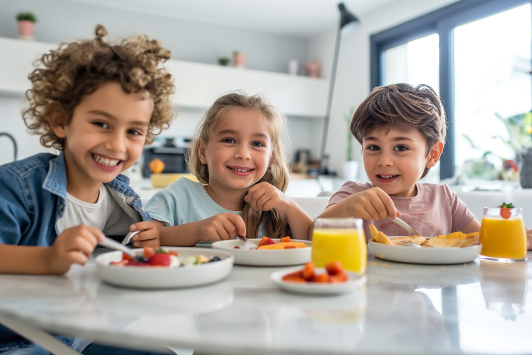 Three children are sitting at a table eating breakfast