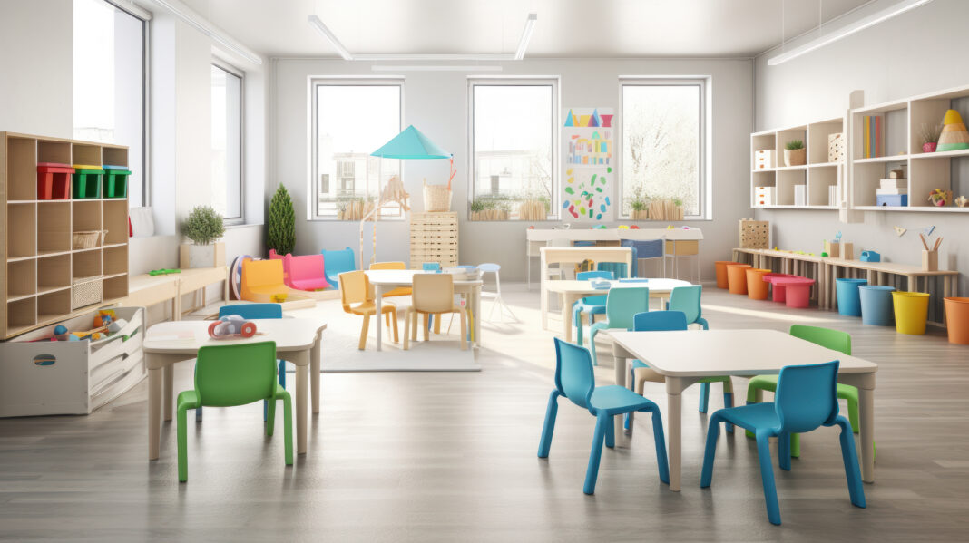 The interior of the classroom of a modern elementary school. Photorealistic illustration generative AI.