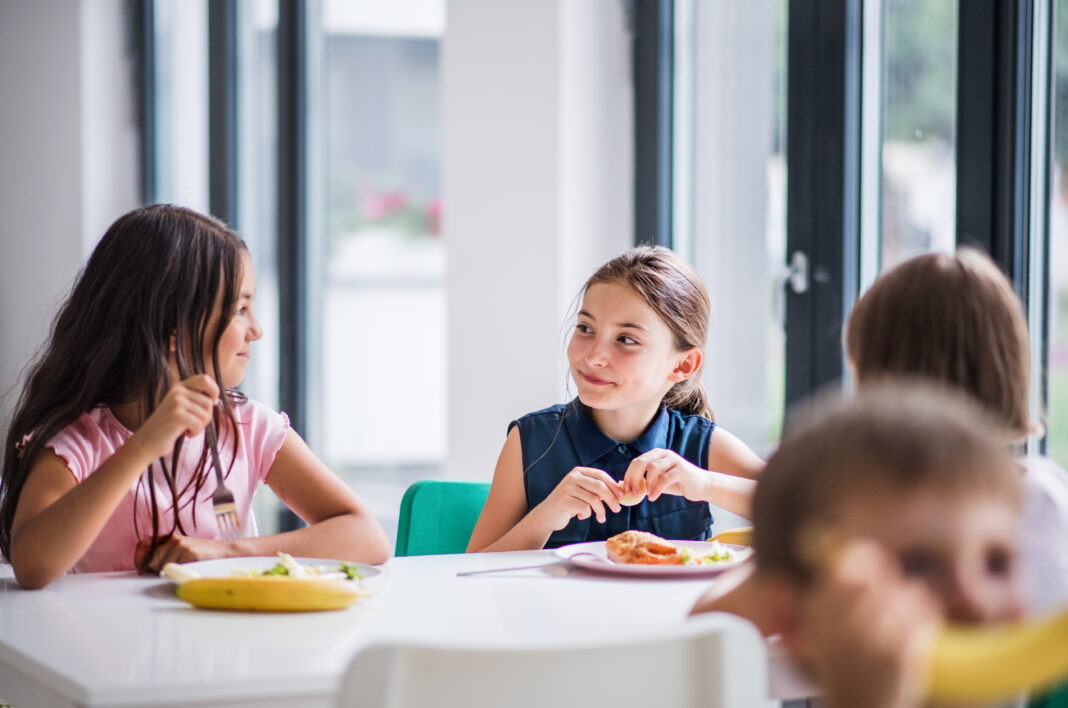 A group of cheerful small school kids in canteen, eating lunch.
