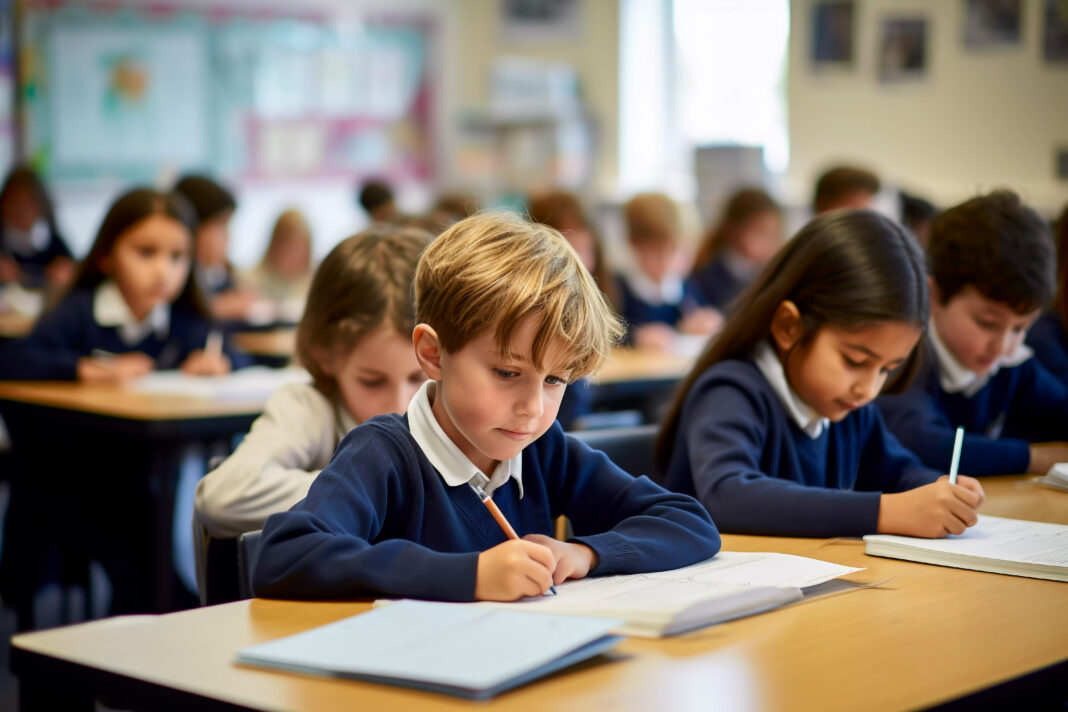 Primary school children in blue uniform in the classroom writing in their books elementary students attending a class academic concept children in a lesson little children sitting at their desks