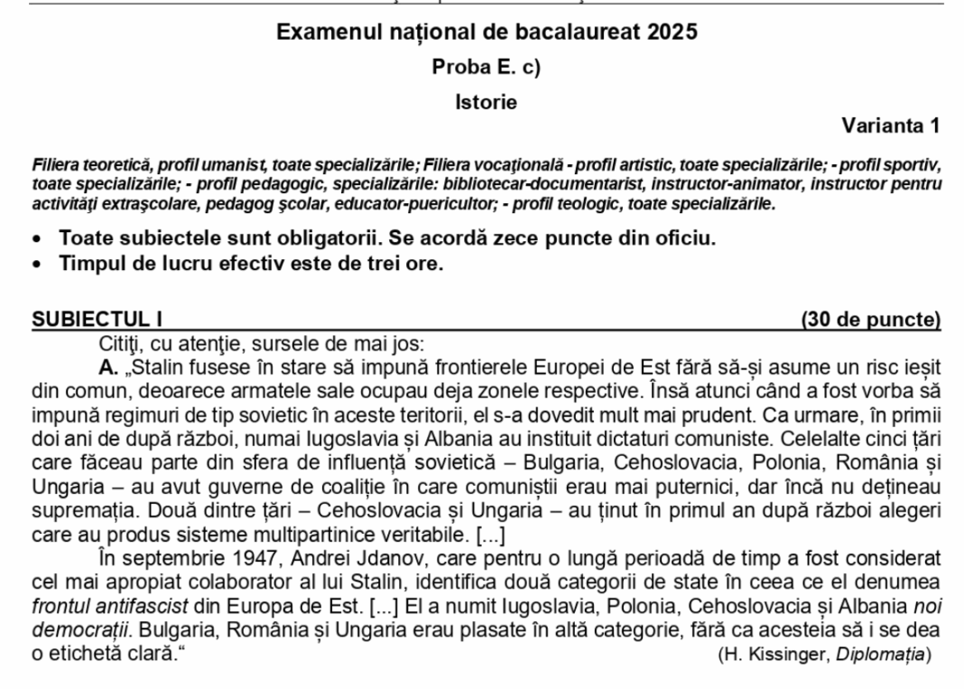 Baremul de corectare și subiectele la Istorie de la Bacalaureat 2025, publicate de Ministerul Educației