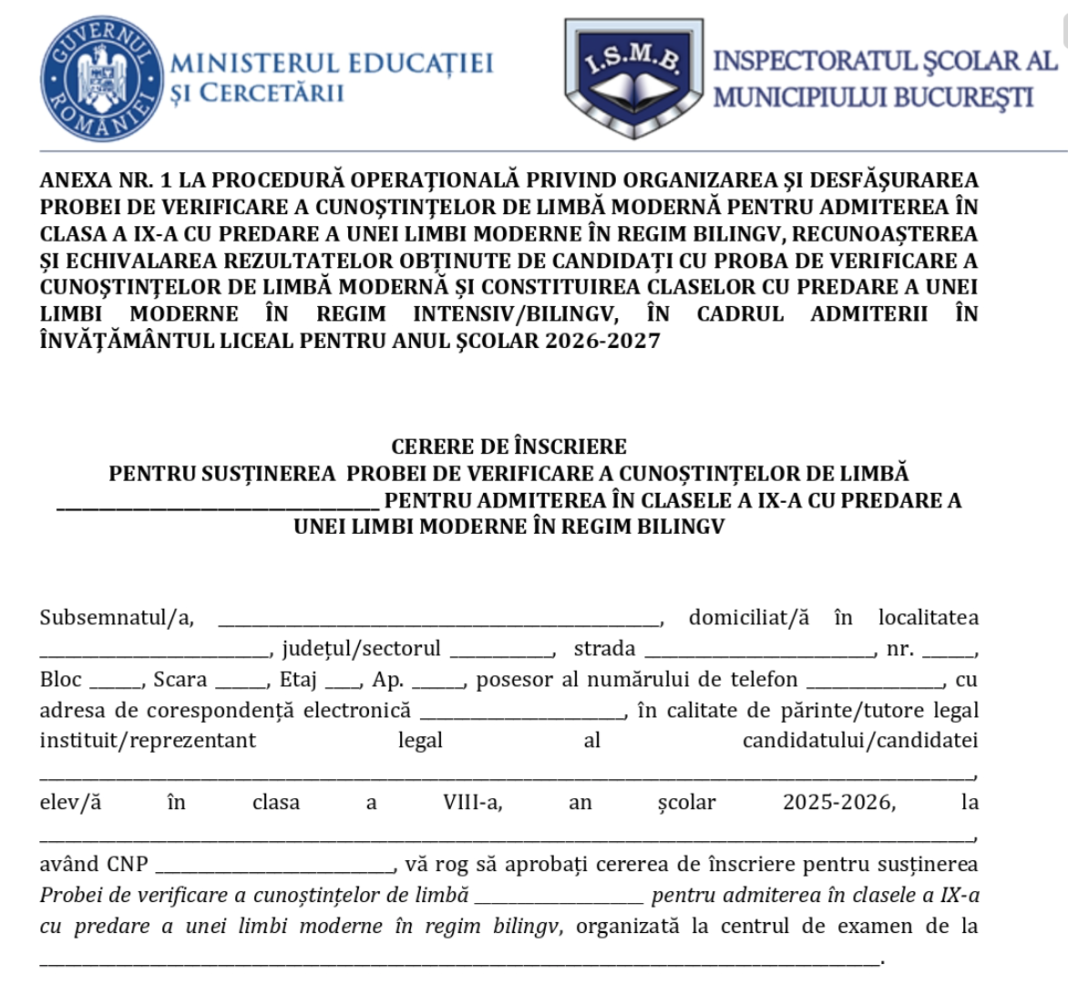 Admitere liceu 2026: înscrierea la testarea la limba străină începe în mai. Model de cerere publicat de ISMB Admitere liceu 2026: înscrierea la testarea la limba străină începe în mai. Model de cerere publicat de ISMB