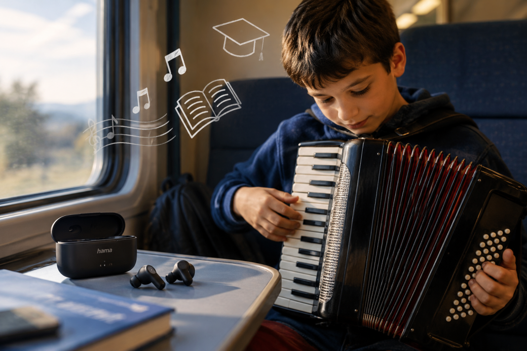 De la un articol despre căști la o lecție despre educație. Cum au ajuns căștile Hama la un copil care învață acordeon Poză generată cu ajutorul AI